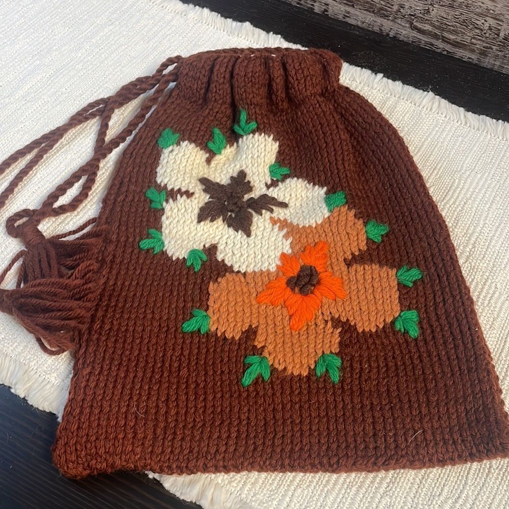 Hobo Boho Crocheted Drawstring Purse/Bag, Brown with Floral Design, Brown